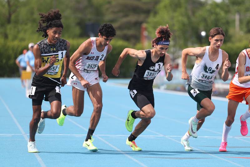 Joliet West’s Marcellus Mines, left, Hinsdale Central’s Aden Bandukwala, Plainfield South’s Camyn Viger and Grayslake Central’s Trey Sato take off in the Class 3A 1,600-meter run at the IHSA State Finals on Saturday, May 27, 2023, in Charleston.