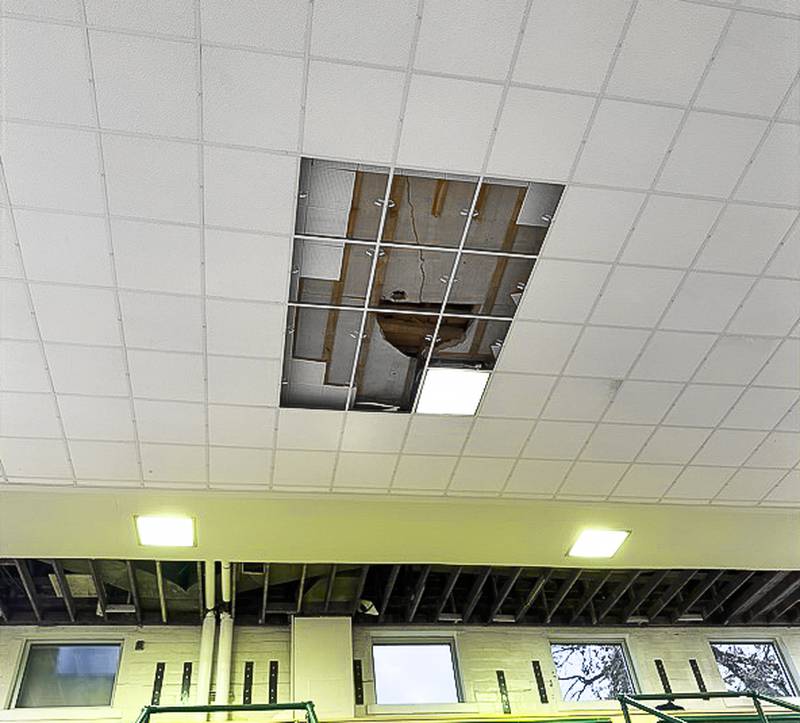The crack in the roof of the north gym at Coal City Intermediate School.