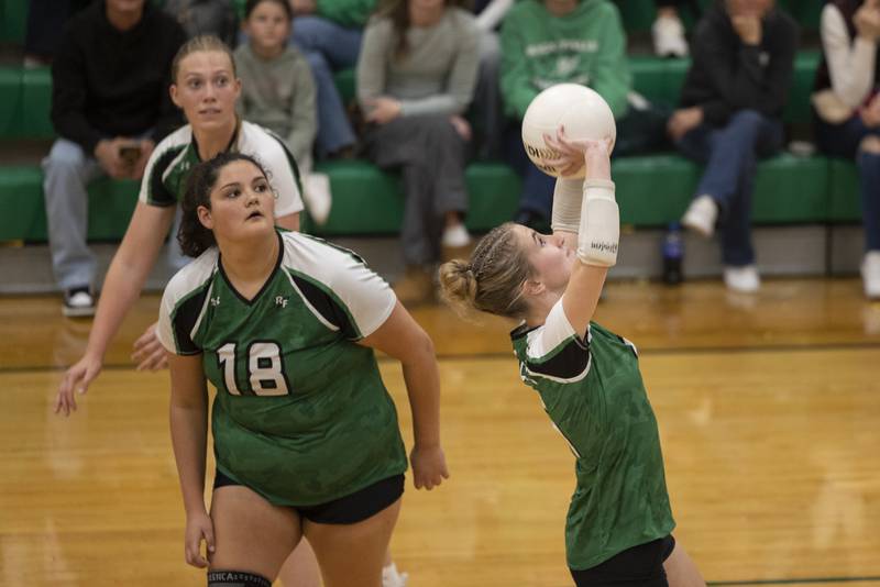 Rock Falls' Miley Bickett sets the ball against Oregon Wednesday, Oct. 22, 2025.