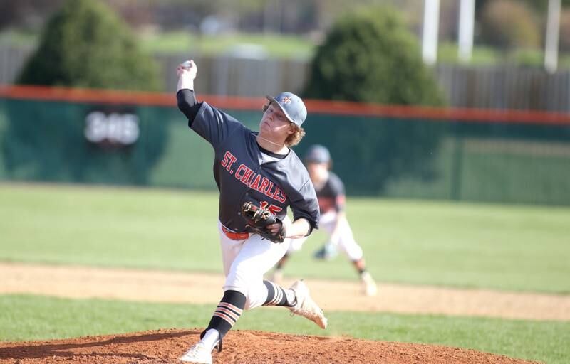 St. Charles East’s Seth Winkler pitches during a home game against Geneva on Friday, April 28, 2023. East won 7-6.