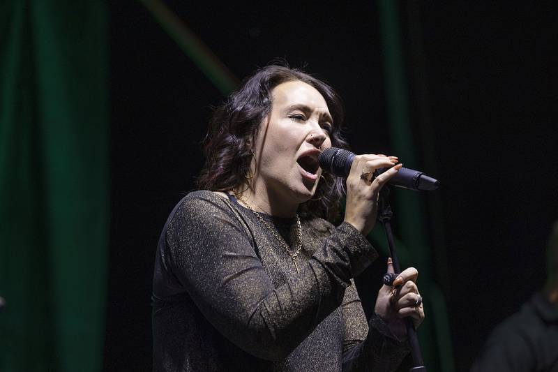 The vocalist for On the Rocks plays for the crowd Saturday, Sept. 6, 2025, at Dement Town Music Fest. The Rockford area band closed out the third annual festival on Dixon’s west side.