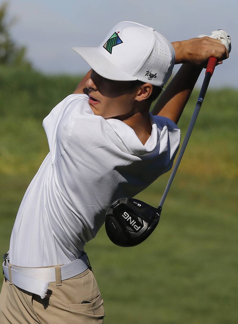 Huntley’s Austin Matich watches his tee shot on the 6th hole during the Fox Valley Conference Boys Golf Tournament Thursday, Sept. 25, 2025, at Foxford Hills Golf Club in Cary.