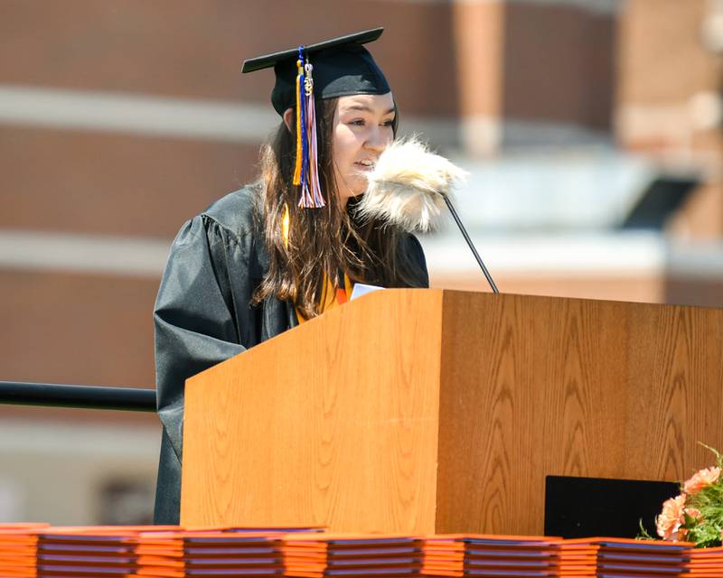 Cora Adams, senior class president of Sandwich High School, welcomes everyone to the 139th commencement held on Sunday May 21, 2023.