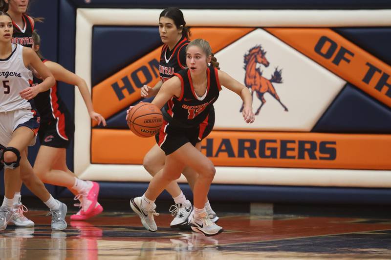 Lincoln-Way Central’s Brooke Katzmann rolls out of the paint after a rebound against Stagg on Monday, Dec.11th, 2023 in Palos Hills.