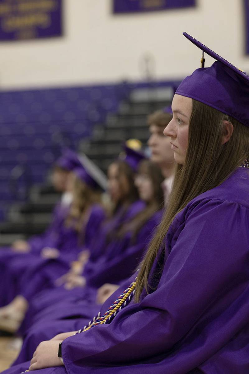 Serena graduate Ava Marie Rosengren, sits with her classmates one final time Saturday afternoon during Serena High School's graduation ceremony on Saturday, May 24, 2025 at Serena High School..