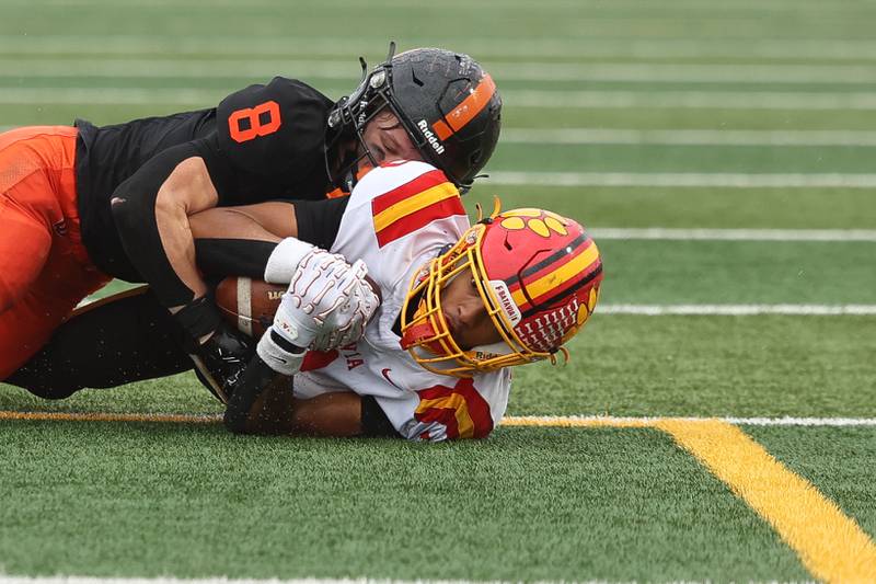 Batavia’s Isaiah Brown holds onto the pass after hitting the ground against Lincoln-Way West on Saturday, Nov. 9, 2024 in New Lenox.