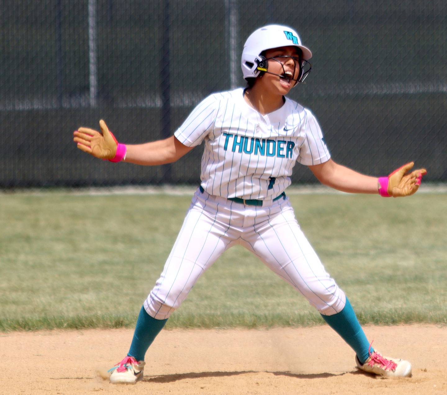 Woodstock North’s Hailey Campos rejoices after reaching second base safely against Crystal Lake Central in IHSA Class 3A Regional Title Game softball action on Saturday, May 23, 2026 at Crystal Lake Central High School in Crystal Lake.