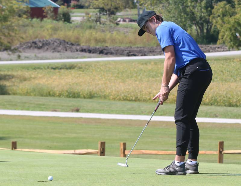 Peotone's Joe Hasse puts during the Illinois Central Golf Meet on Monday, Sept. 18, 2023 at Wolf Creek Golf Course in Pontiac.