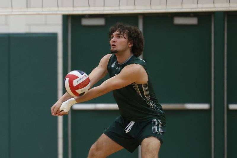 Plainfield Central’s Draedyn Sanford receives the serve against Joliet West on Tuesday, April 23, 2024 in Plainfield.