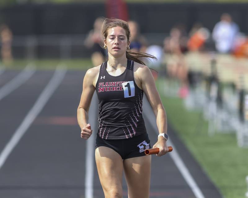 Plainfield North's Lindsey Wenz anchors the 4x800m for the win during Southwest Prairie Conference Girls Track and Field Meet Wednesday, May 7, 2025 in Minooka.