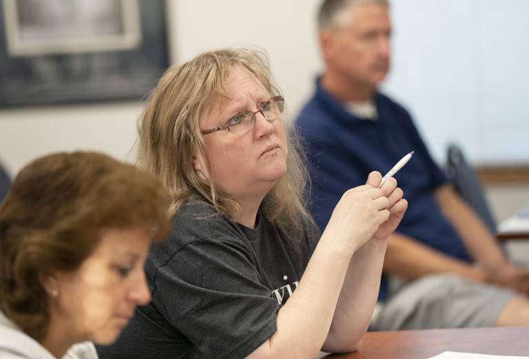 Lake in the Hills resident Joy Huckeby listens during a Civilian Response to Active Shooter Events (CRASE) training held by the Lake in the Hills Police Department on Tuesday, Sept. 13, 2022, at the Safety Education Center in Lake in the Hills. Residents were taught how to prepare, prevent and react to a potential active shooter situation.