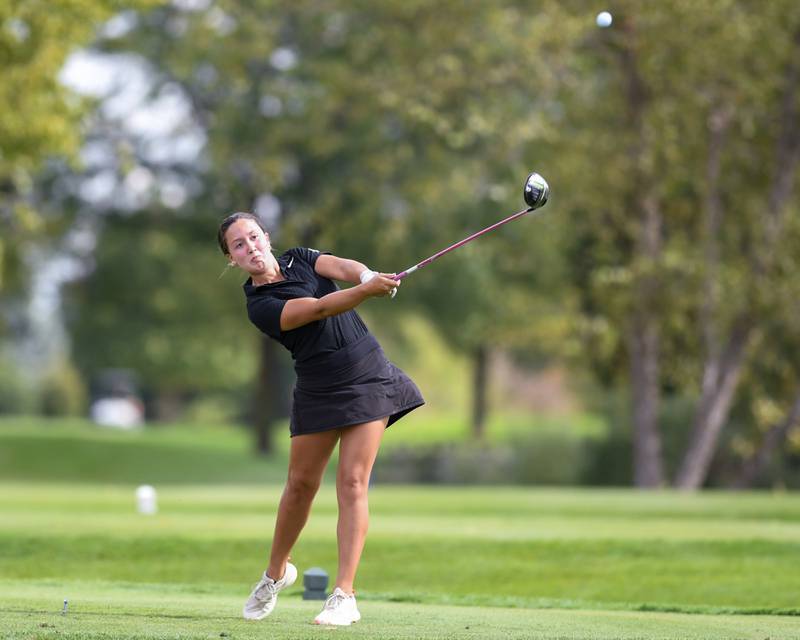 Laney Przybyla of Minooka watches her drive after teeing off during the Southwest Prairie conference meet on Wednesday Sept. 24, 2025, held at Blackberry Oaks Golf course in Bristal.
