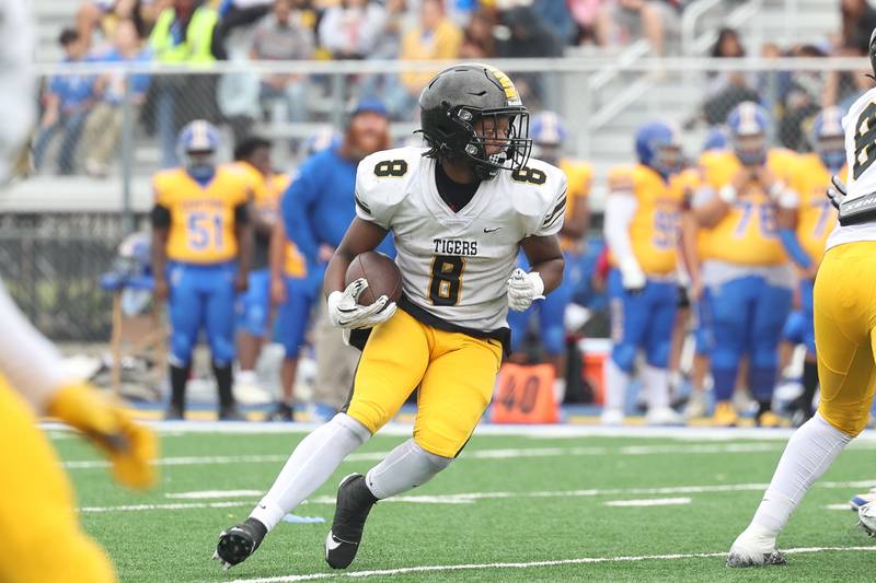 Joliet West’s Taivaughn Johnson looks for room to run against Joliet Central on Saturday, Sept. 28, 2024 in Joliet.