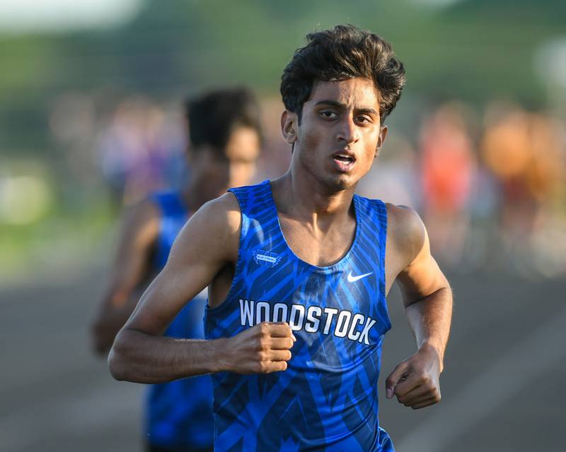 Ishan Patel of Woodstock wins the 800 meter run during the Kishwaukee River Conference track meet held on Tuesday May 7, 2024, held at Plano High School.