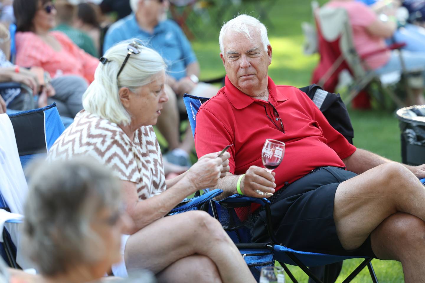 Larry Jackson enjoys a glass of wine with his wife Nora at the Wine, Jazz and Arts Fest at Bicentennial Park in Joliet on Saturday, Aug. 19, 2023.