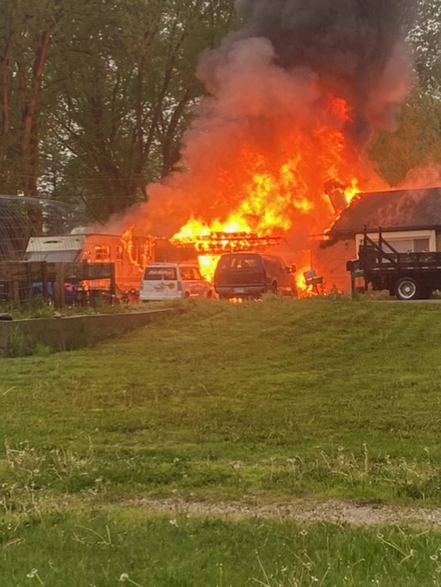 A garage, including several motorcycles and propane tanks stored inside it, burned on Tuesday, May 7, in Wonder Lake. The Wonder Lake Fire Protection District responded to the blaze, which officials believe may have been caused by a lightning hit.