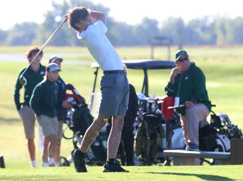 Woodland's Nolan Price tees off on the first hole during the Class 1A golf meet on Wednesday, Oct. 2, 2024 at Spring Creek Golf Course in Spring Valley.