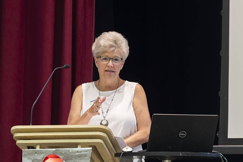 Fulton mayor Wendy Ottens lobbies for help to make a section of Route 30 before and after Morrison a four-lane highway Tuesday, July 25, 2023 during a presentation at Morrison Tech.