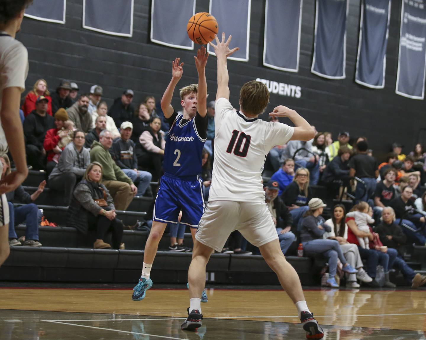 Newark's Kellen Westerfield (2) shoots a jumper against Indian Creek on Tuesday, Jan. 13, 2026, in Shabbona.