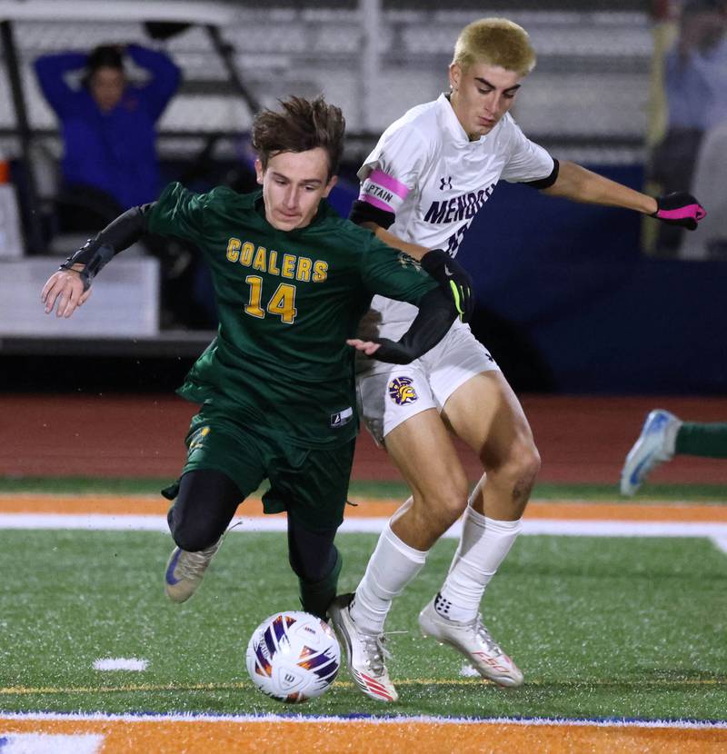 Coal City's Creed Macaluso gets out ahead of Mendota's Johan Cortez Thursday, Nov. 6, 2025, during their Class 1A state semifinal game at Hoffman Estates High School.