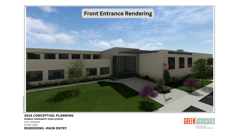 A rendering from the architect at Green and Associates for what the school's front entrance will look like after the renovation and addition, though this is a very early rendering and could change.