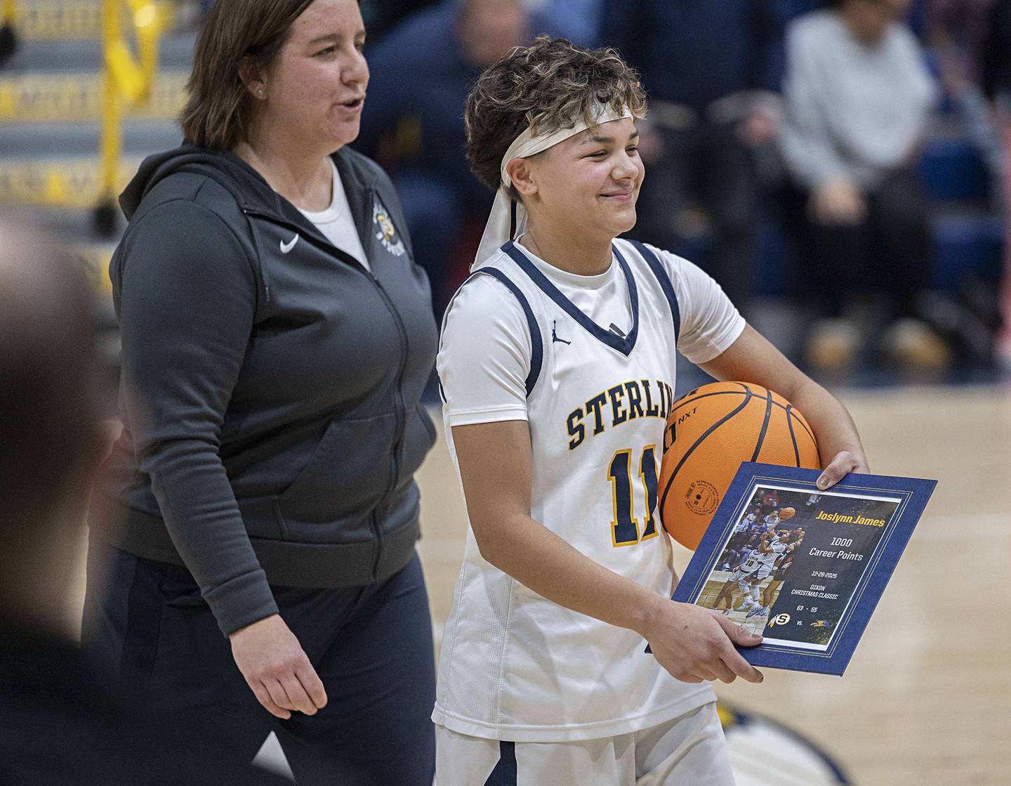 Sterling’s Joslynn James was celebrated Tuesday, Jan. 6, 2026, before the game against Rochelle for scoring her 1,000 career point on Dec. 26.