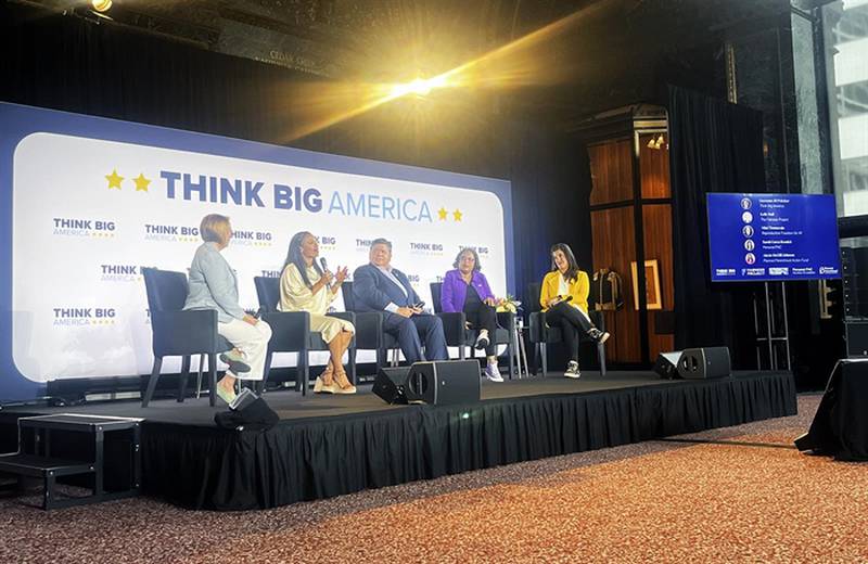 Planned Parenthood Action Fund CEO Alexis McGill Johnson (second from left) speaks at an event put on by Think Big America, a progressive political action organization launched by Gov. JB Pritzker (center) last year. The panel also included Kelly Hall of The Fairness Project (left), Mini Timmaraju of Reproductive Freedom for All and Sarah Garza Resnick of Personal PAC (right).