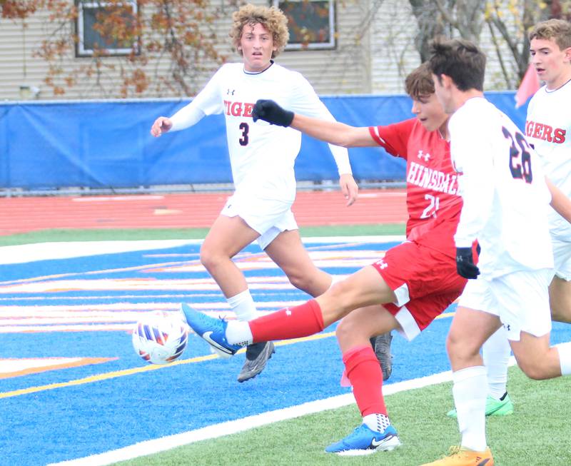 Hinsdale's Kostas Zamalaitis scores a goal on this kick over Edwardsville during the Class 3A State third place game on Saturday, Nov. 9, 2024 at Hoffman Estates High School.