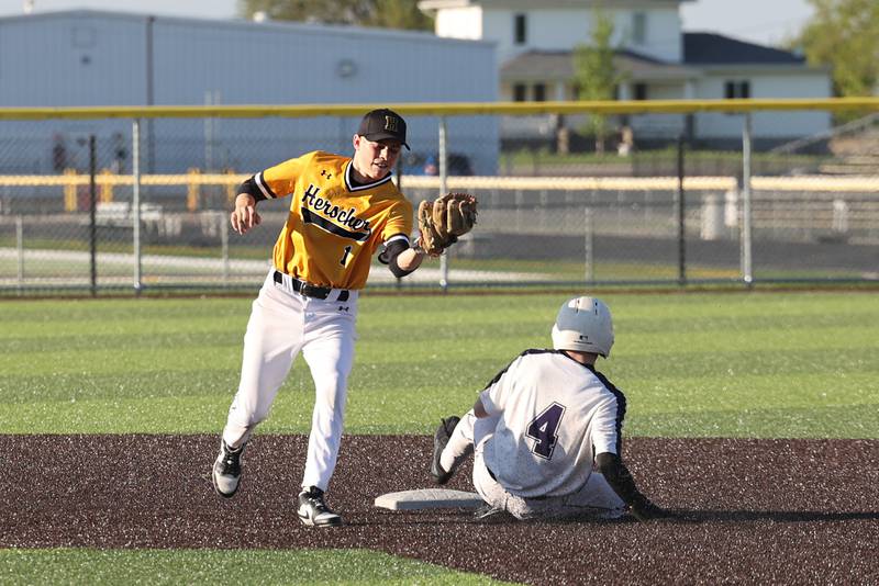 Manteno’s Tyler Buehler steals second base ahead of the throw to Herscher's Mason Roberts  during the Panthers’ 8-7 victory over Herscher on Tuesday, May 6, 2025.