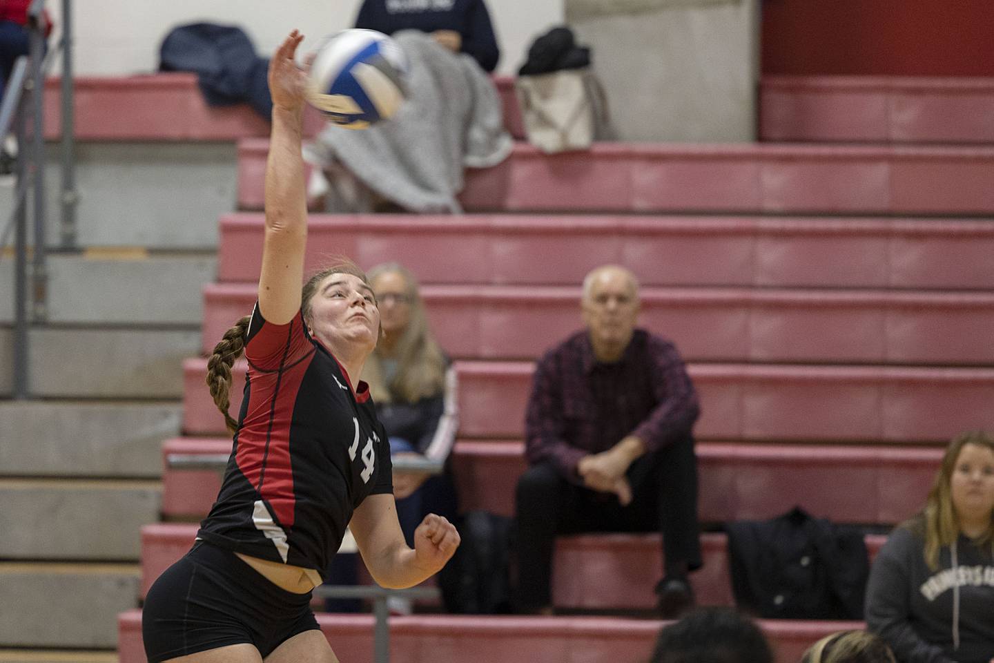 Sauk Valley’s Nicole Boelens hammers a shot Tuesday, Oct. 18, 2022 against Carl Sandburg College.