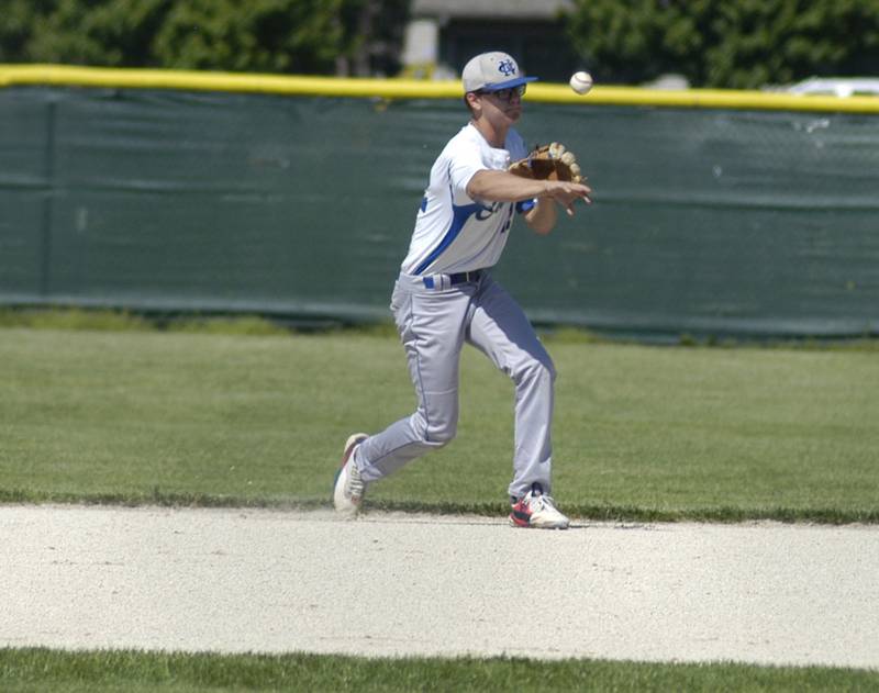 Newman Shortstop Chase Decker  makes a play to first. The action took place in the 2A Regional baseball game at Larry Ybarra field at Newman High School, Saturday, May 18th 2024.
