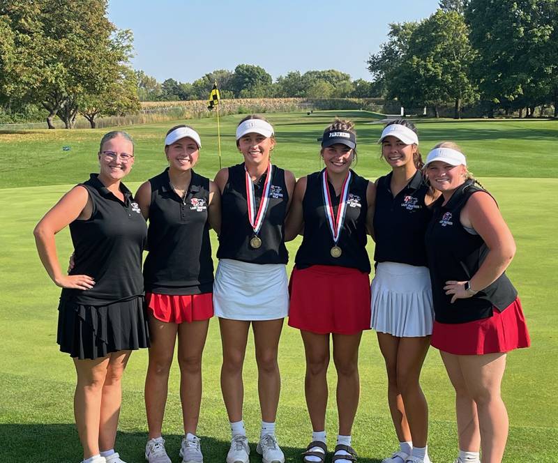 The Erie-Prophetstown golf team is pictured after winning the Three Rivers meet at Byron Hills on Wednesday, Sept. 17, 2025. 
Pictured, left to right, is Sarah Carlson, Baylie Snowden, Michelle Naftzger, Izzy Johnston, Ava Grawe and Taylor Richmond.