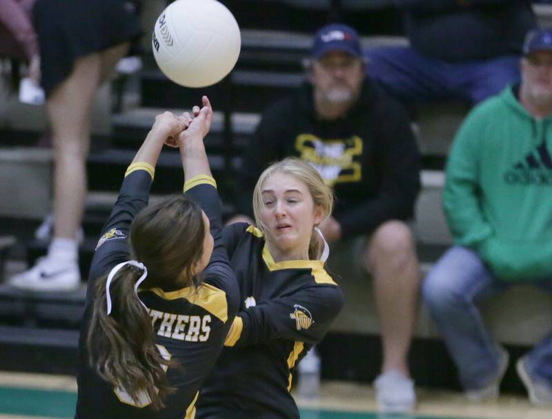 Putnam County's Ava Hatton (8) and teammate Megan Wasilewski (3) go after the ball at the same time in the Class 1A semifinal game on Wednesday, Oct. 16, 2022 at St. Bede Academy in Peru.