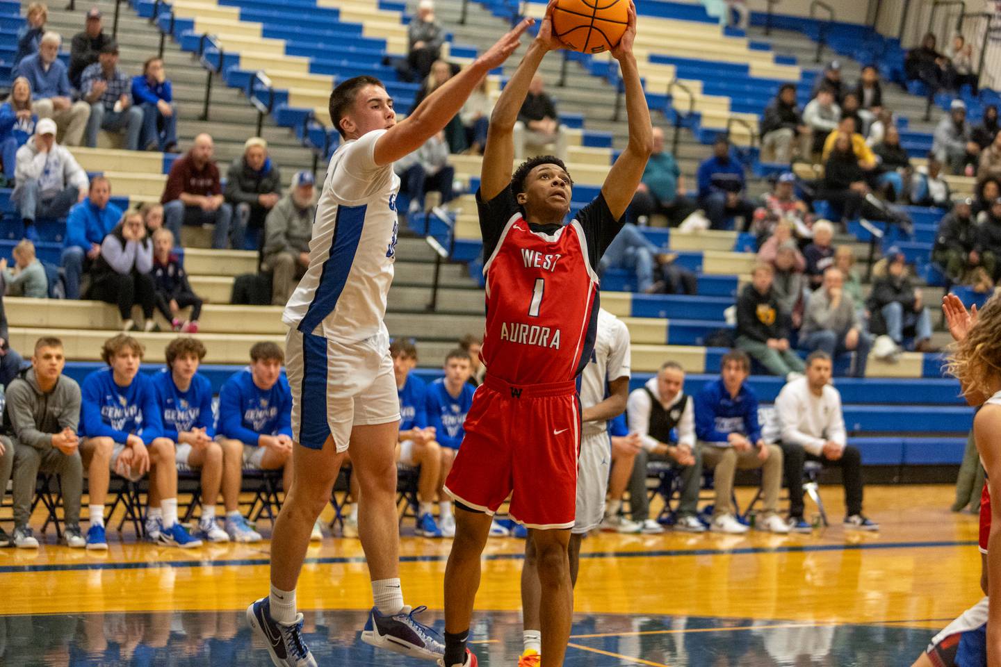 West Aurora's Travis Brown JR. goes in for the shoot against Geneva on Monday, Jan. 19,2026 in Geneva.