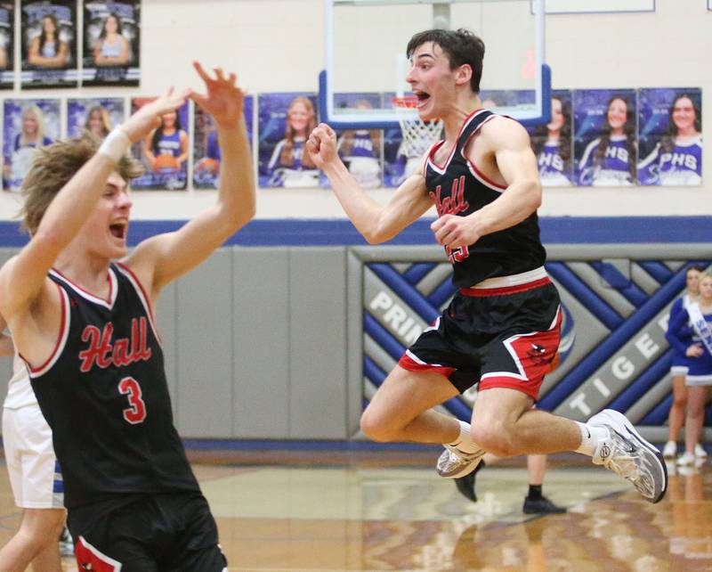 Hall's Max Bryant and Braden Curran react after defeating Princeton 67-63 on Friday, Jan. 26, 2024 at Princeton High School.