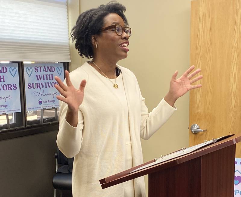 U.S. Rep. Lauren Underwood, D-Naperville, speaks on Friday, Dec. 5, 2025, at a groundbreaking ceremony for Safe Passage Inc.'s new shelter. Construction at 217 Franklin St., is expected to begin in the spring. Underwood's office helped secure $2.5 million in funding for the build.