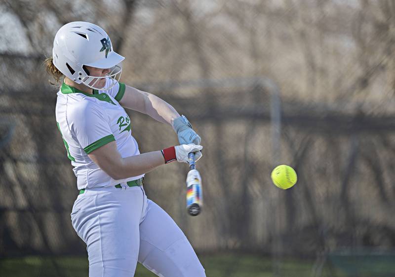Rock Falls’ Peyton Smit connects for a fielders choice single against Forreston Thursday, March 28, 2024 at Rock Falls High School.