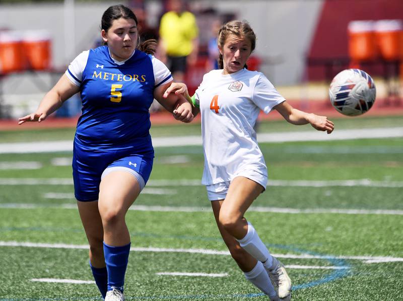 Crystal Lake Central’s Gwyneth Brickey, right, battles De La Salle’s Lauren Lo in the IHSA girls Class 2A third-place soccer game at North Central College in Naperville on Saturday, June 3, 2023.