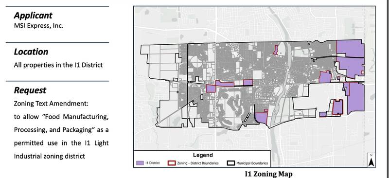 Areas shown in purple are in Geneva's Light Industrial 1 Zoning District where food manufacturing, processing and packaging was not allowed. The City Council voted 6-3 to approve the zoning text amendment to allow it.