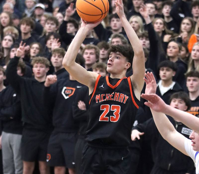 McHenry’s Marko Stojich takes an outside shot in IHSA Class 4A Regional Title Game boys basketball action on Friday, Feb. 28, 2025 at McHenry High School in McHenry.
Alt text