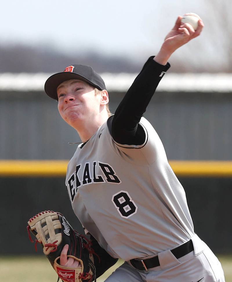 DeKalb's Carson Smith fires a pitch during their game Friday, April 15, 2022, at Kaneland High School in Maple Park.
