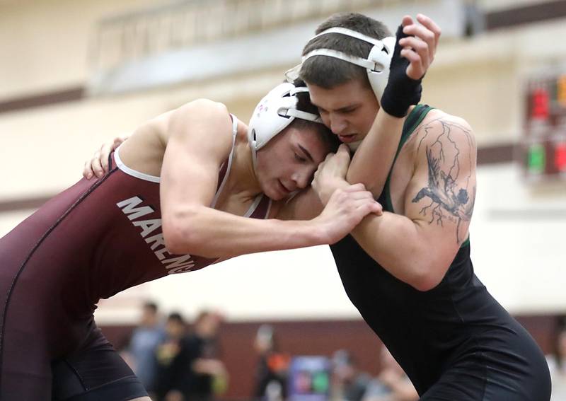 Marengo’s Mitchell Aukes battles Crystal Lake South’s Nathan Randle during a138-pound match in the Tom DuBois Invite wrestling meet on Saturday, Dec. 13, 2025, at Richmond-Burton High School in Richmond.