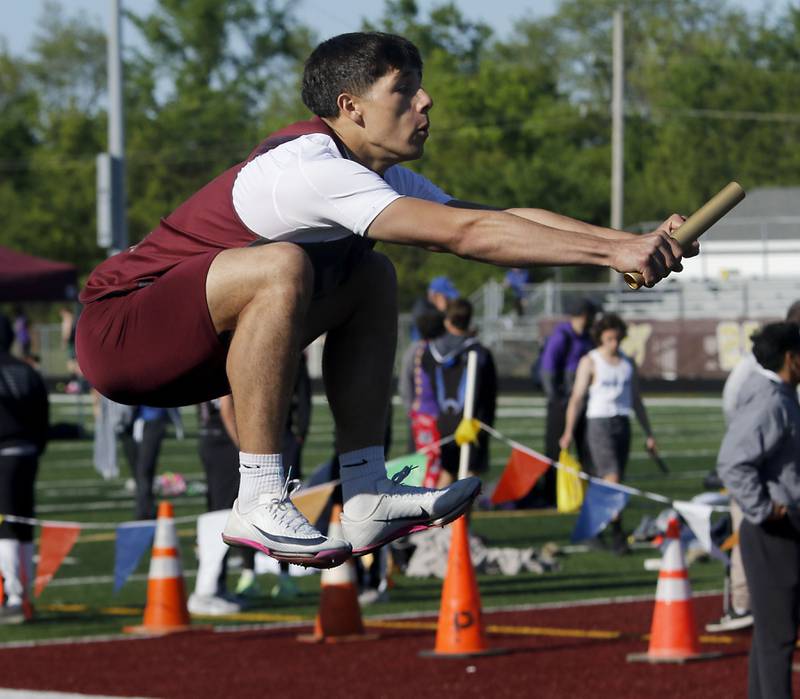 Prairie Ridge's Alexander Trejo prepares to start the 4x100 meter relay during the IHSA Class 2A Richmond-Burton Sectional Boys Track and Field Meet on Wednesday, May 20, 2026, at Richmond-Burton High School.
