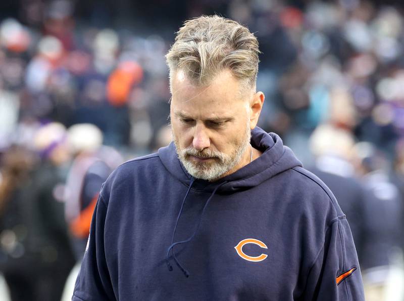 Chicago Bears Head coach Matt Eberflus walks off the field after their loss to the Minnesota Vikings Sunday, Nov. 24, 2024, at Soldier Field in Chicago.