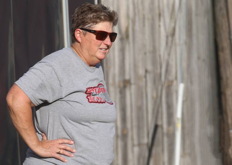 Streator head tennis coach Kaye Tallier watches her team compete against Kankankee on Monday, Sept. 30, 2024 at Streator High School. Tallier is retiring after the season.