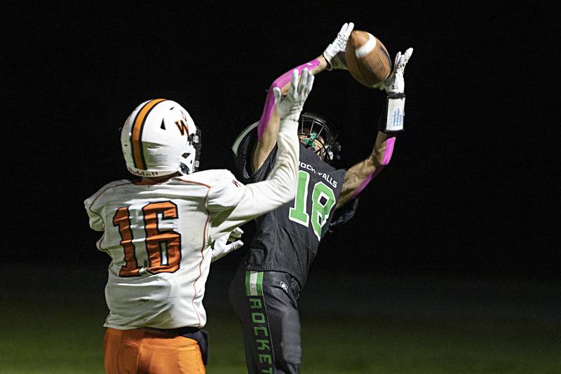 Rock Falls’ Michael Flowers makes an interception against Winnebago’s Blaise Brown Friday, Oct. 20, 2023 in Rock Falls.