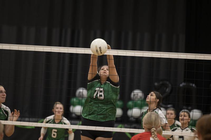 Rock Falls' Ari Reyna stuffs the ball over the net against Oregon Wednesday, Oct. 22, 2025.