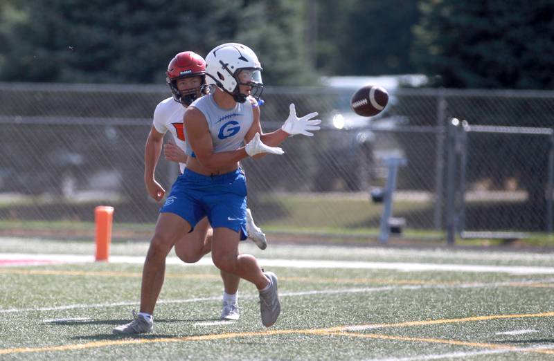 Geneva’s Dylan Reyes readies for a catch during a 7 on 7 tournament on Thursday, July 10, 2025 at Batavia High School.