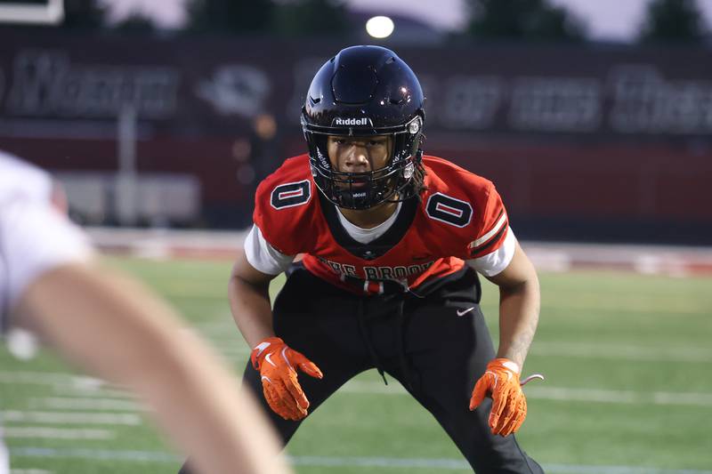 Bolingbrook’s Antoine Noorfleet lines up against a receiver at the IHSA Southwest Suburb Showcase combine on Thursday, May 7, 2026 at Plainfield North High School.