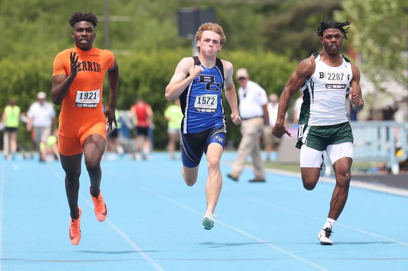Burlington Central’s Nolan Milas sprints to second place in the Class 2A 100 Meter State Finals on Saturday, May 27, 2023 in Charleston.